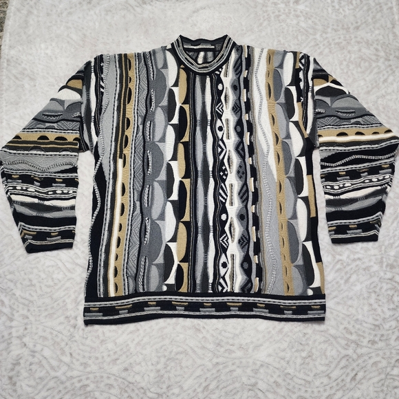 Vintage Men 3D Knit Grandpa Sweater SizeXL  90s Retro Cozy Heritage Black Grey - Picture 1 of 16